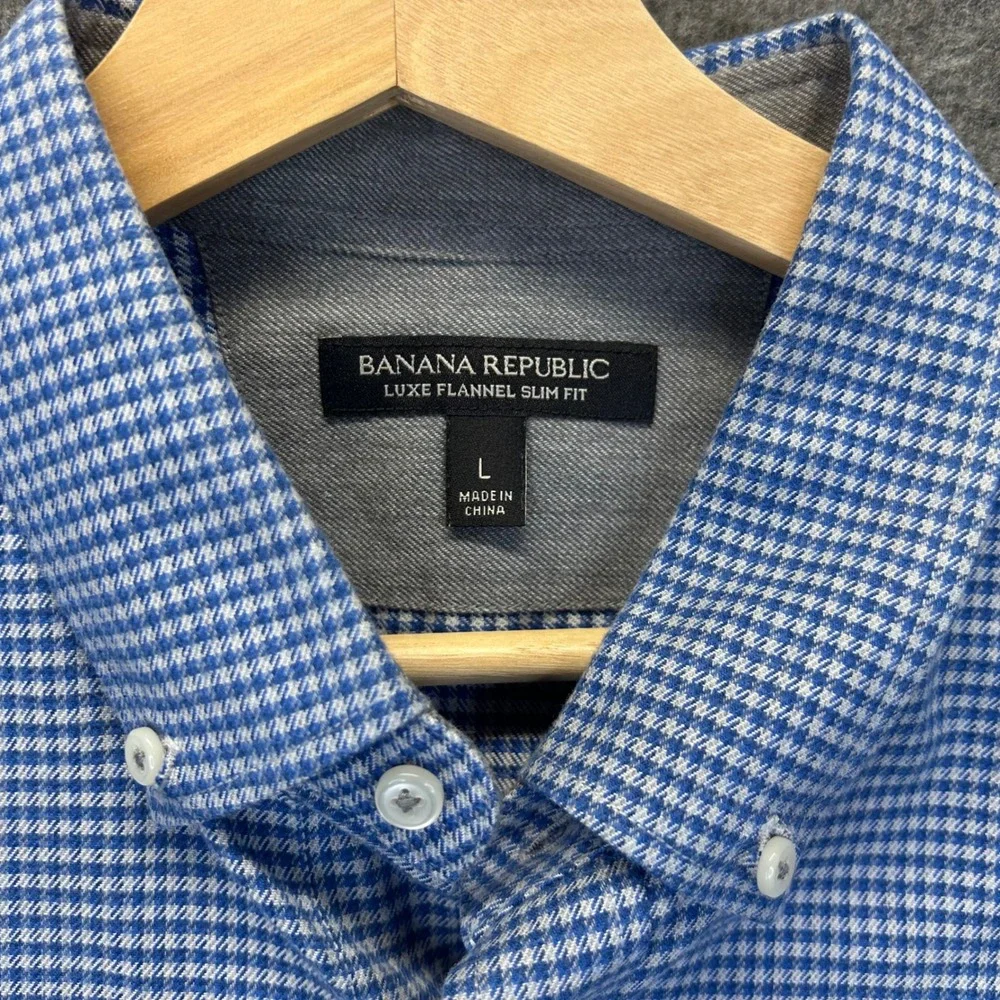 Banana Republic Mens Luxe Flannel Slim Fit Shirt Blue White Gingham Large‎ L